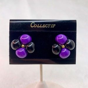 Collectif Vintage Style Retro Earrings Beaded Flower Cluster Purple Black